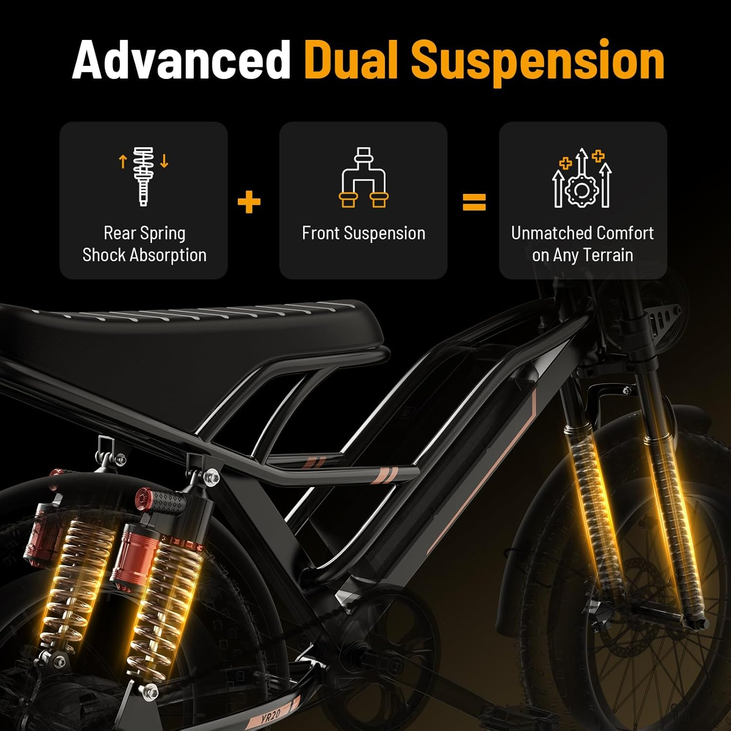 Jasion YR20 Electric Bike Advanced Dual Suspension. Rear Spring Shock Absorption, Front Suspension equals Unmatched Comfort on any terrain. 