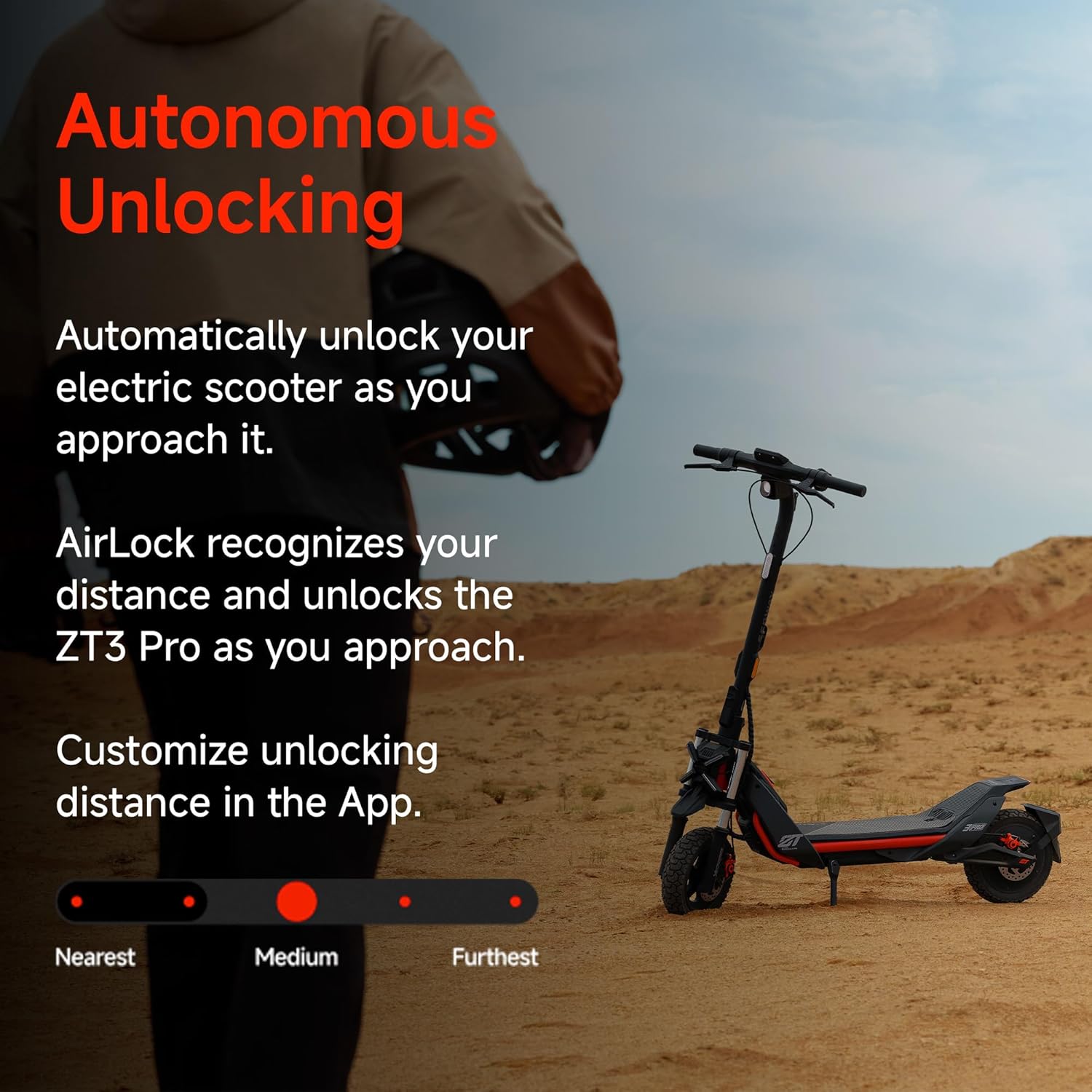 Picture describes Autonomous Unlocking: Unlock Scooter as you approach it, AirLock recognizes your distance and unlocks as you approach and the distance is costomizable. 
