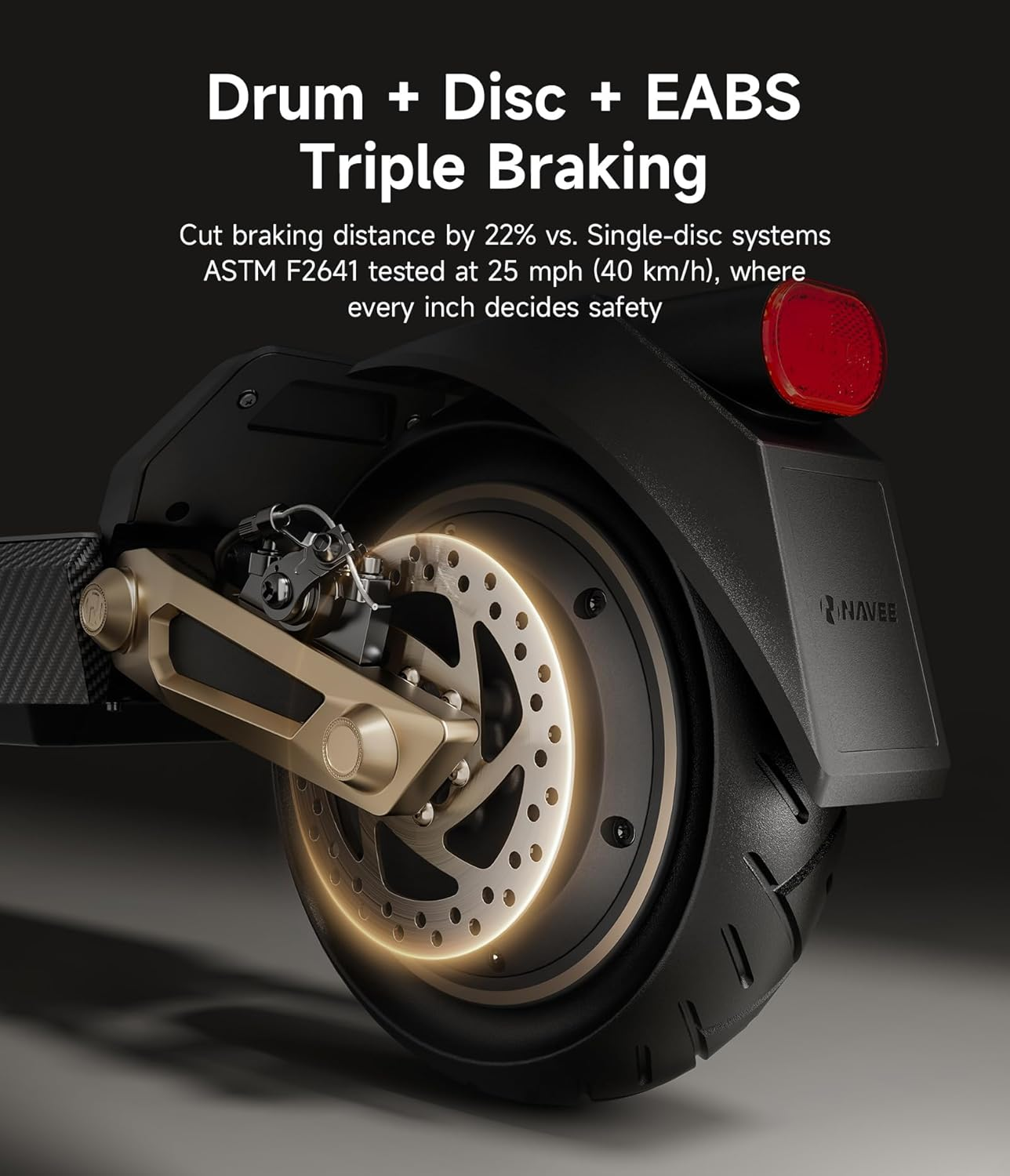 NAVEE-ST3 showing Drum + Disc + EABS Triple Braking. Cut Braking distance by 22% vs. Single-Disc Systems.