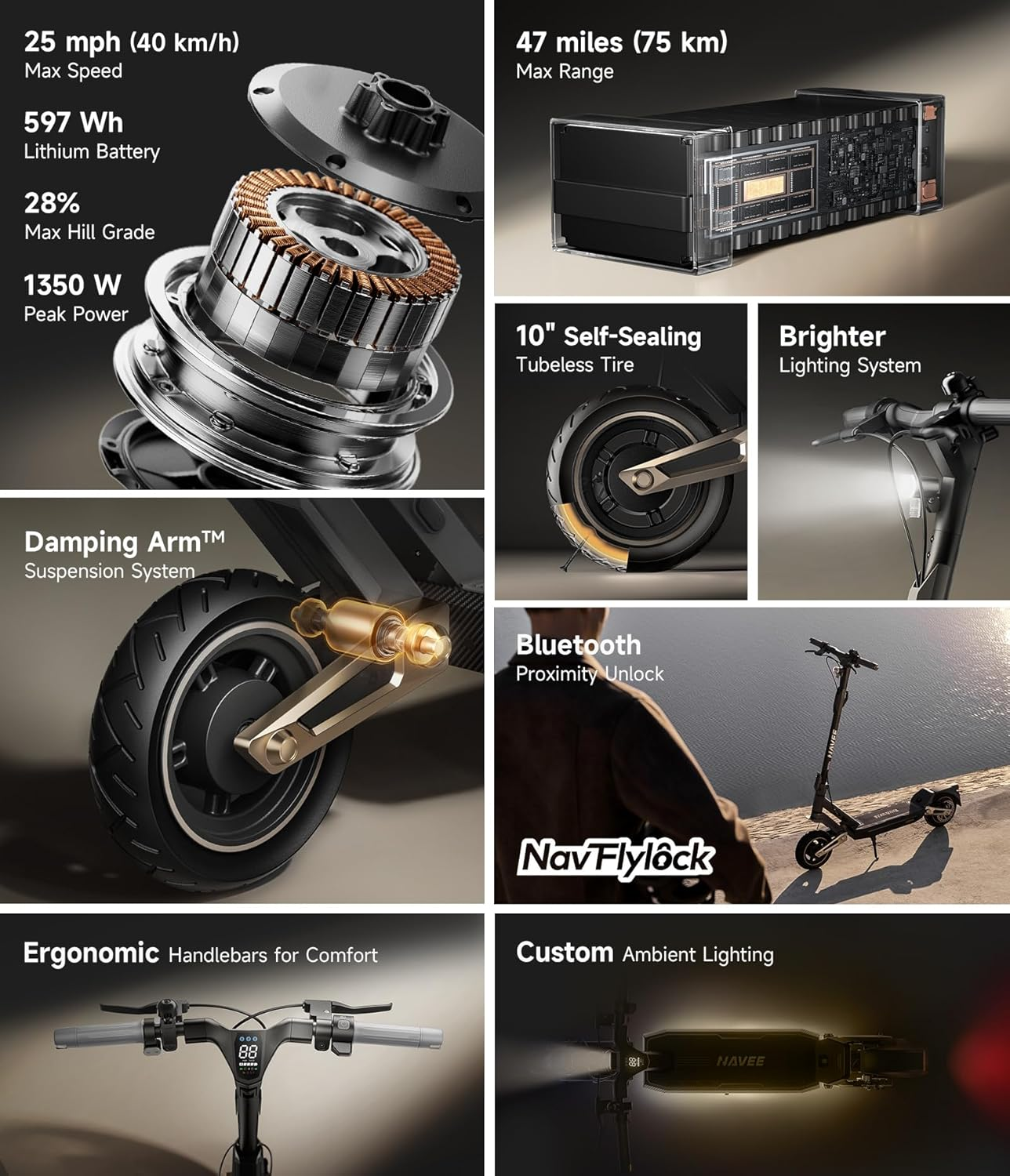 NAVEE-ST3 Specs, shows motor, battery, self-sealing tires, light systems, Bluetooth Unlock, Ergonomic Handlebars and custom ambient lighting.