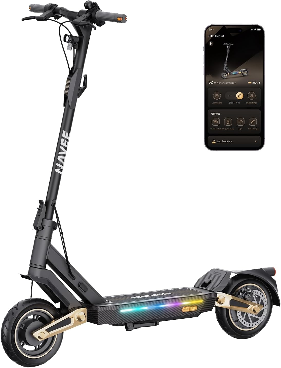 NAVEE-ST3 Featured image, shows the side view of the scooter with a phone showing the associated App