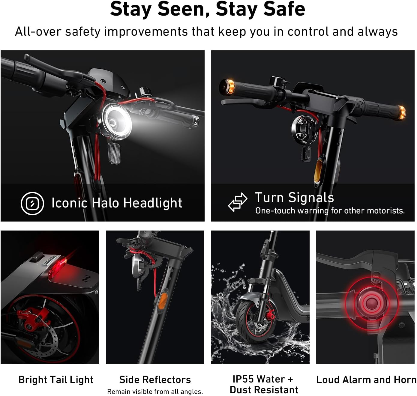 NIU KQi 300X, Safety Specs, Iconic Halo Headlight, Turn Signals, Bright Tail Light, Side Reflectors, IP55 Water + Dust Resistant, Loud Alarm and Horn