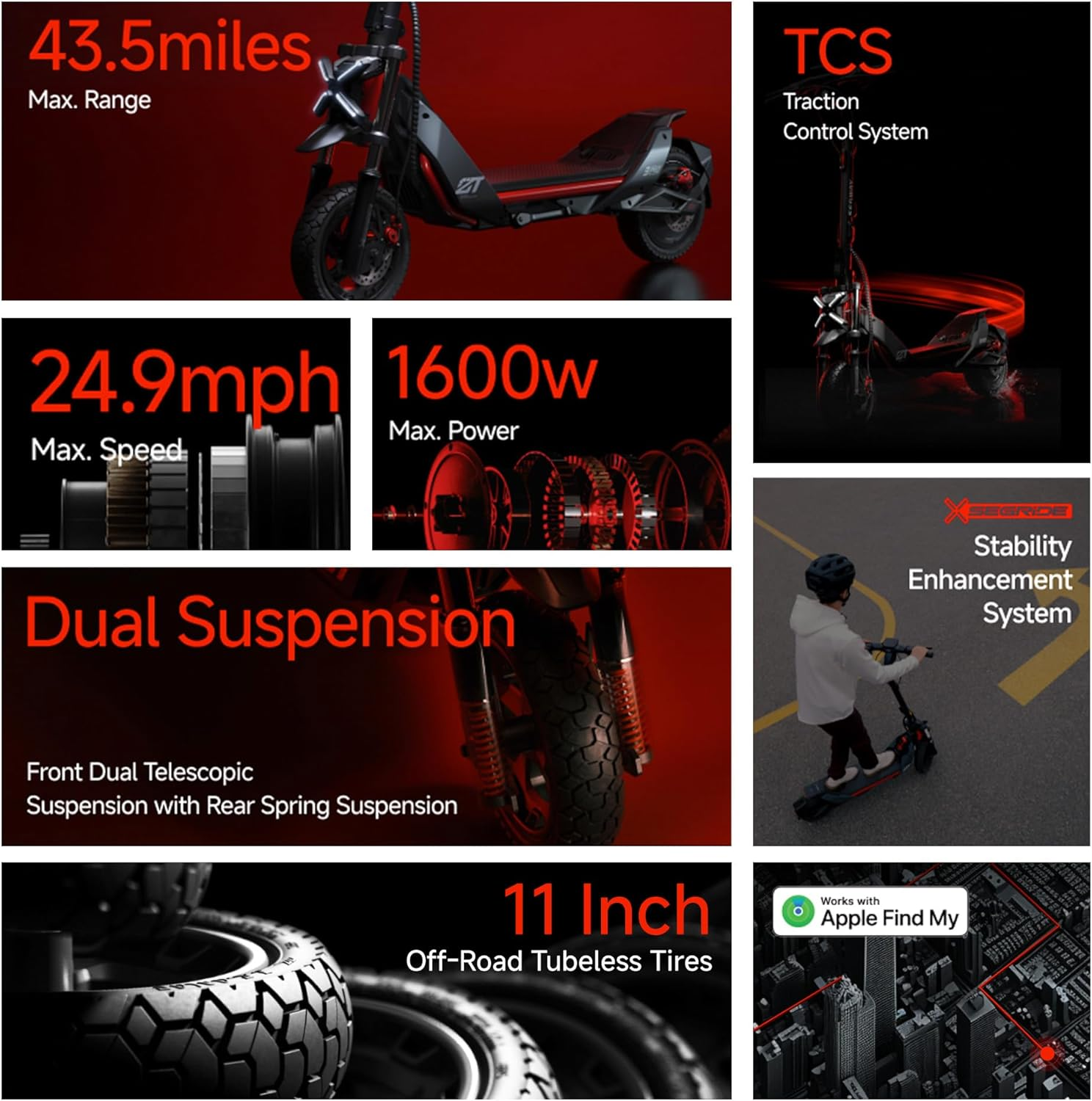 Segway-ZT3-Pro-Electric-Scooter, Stats 43.5 Miles Max Range, Traction Control  System, 24.9 MPH Max. Speed, 1600w Mx. Power, Duel Suspension, 11 Inch Tires, Woks with Apple Find My App