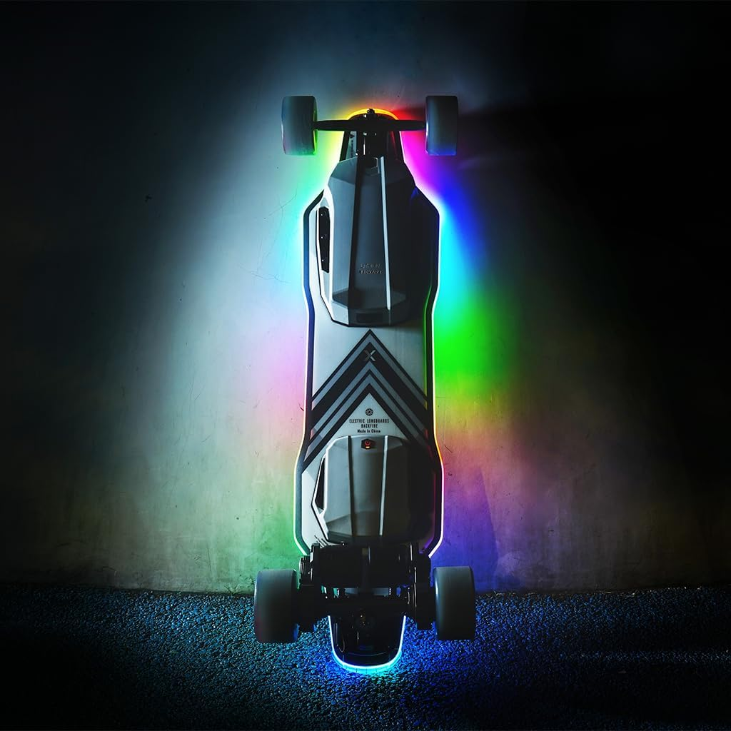 Picture of the Backfire Zealot X2 e-Skateboard with safety lights light up against a wall. 