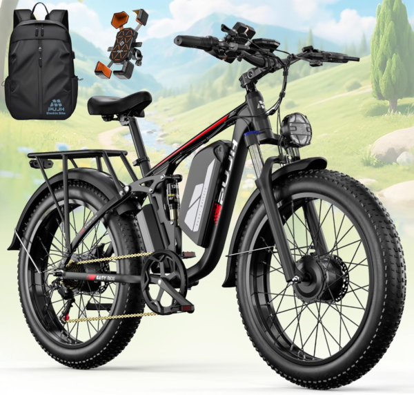 PUJH 6000W Dual Motor Ebike for Adults, 60V 20Ah Fast Electric Bike 45mph,Up to 110 Miles,24" Fat Tire Full Suspension Electric Bike for Snow Off-Road...