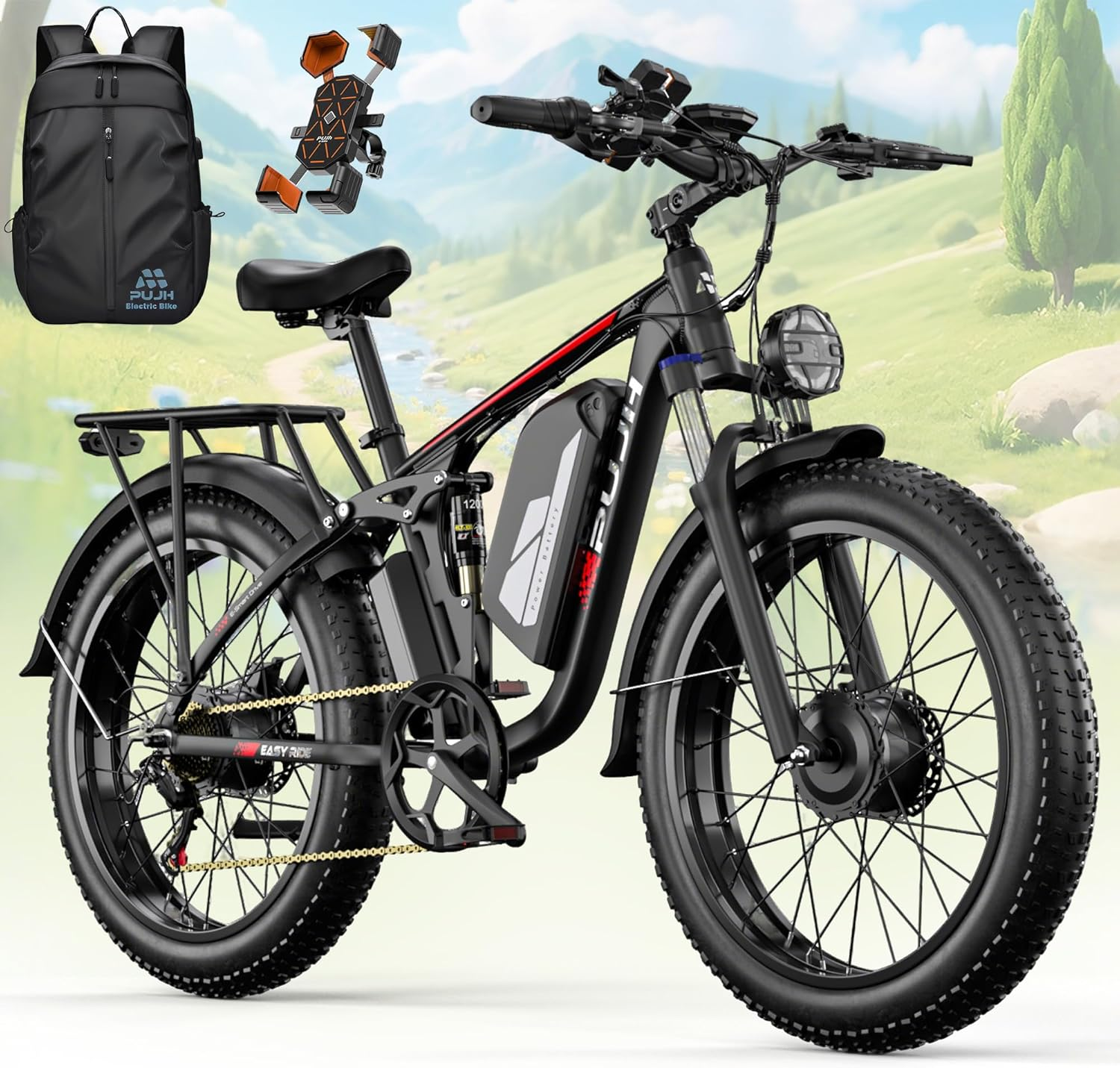 PUJH 6000W Dual Motor Ebike for Adults, 60V 20Ah Fast Electric Bike 45mph,Up to 110 Miles,24" Fat Tire Full Suspension Electric Bike for Snow Off-Road...