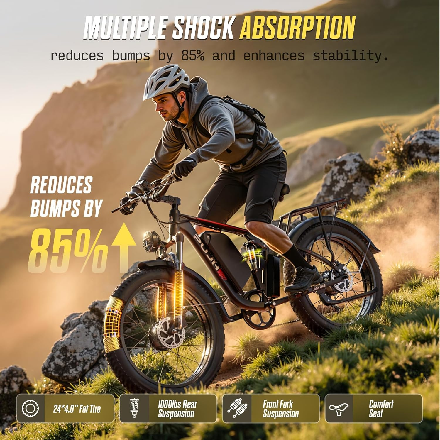 The PUJH 6000W Suspension with Multiple Shock Absorption, reduces bumps by 85% and enhances stability.