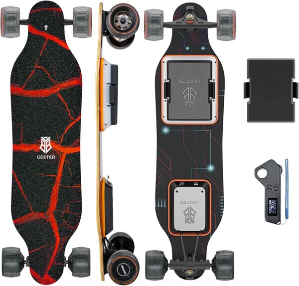 Uditer Electric Skateboard with Remote, Dual 600W Motors, Swappable Battery, Up to 28 MPH, 12–25 Miles Range, 4 Speed Modes, Electric Longboard for Adults