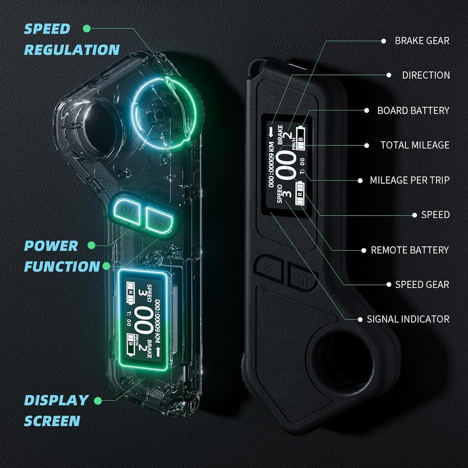 DNASKATE V20 Electric Skateboard, Remote control  with speed regulation and power button, function button and Display screen. 