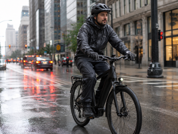 Cyclist navigating a rainy city intersection