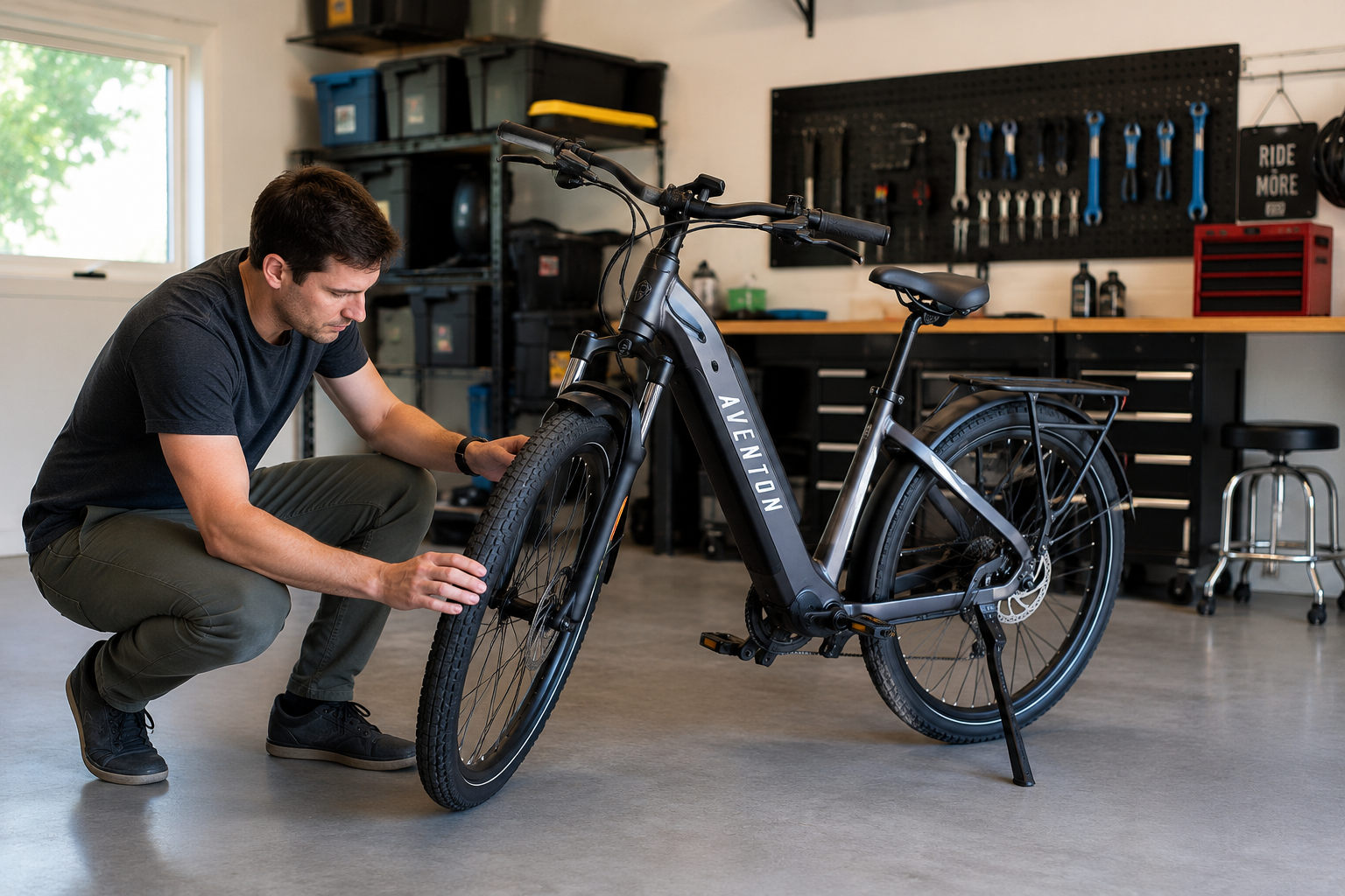 eBike owner performing a routine pre-service inspection in a clean garage, checking tire condition and overall bike safety and ensuring appropriate ebike service intervals.