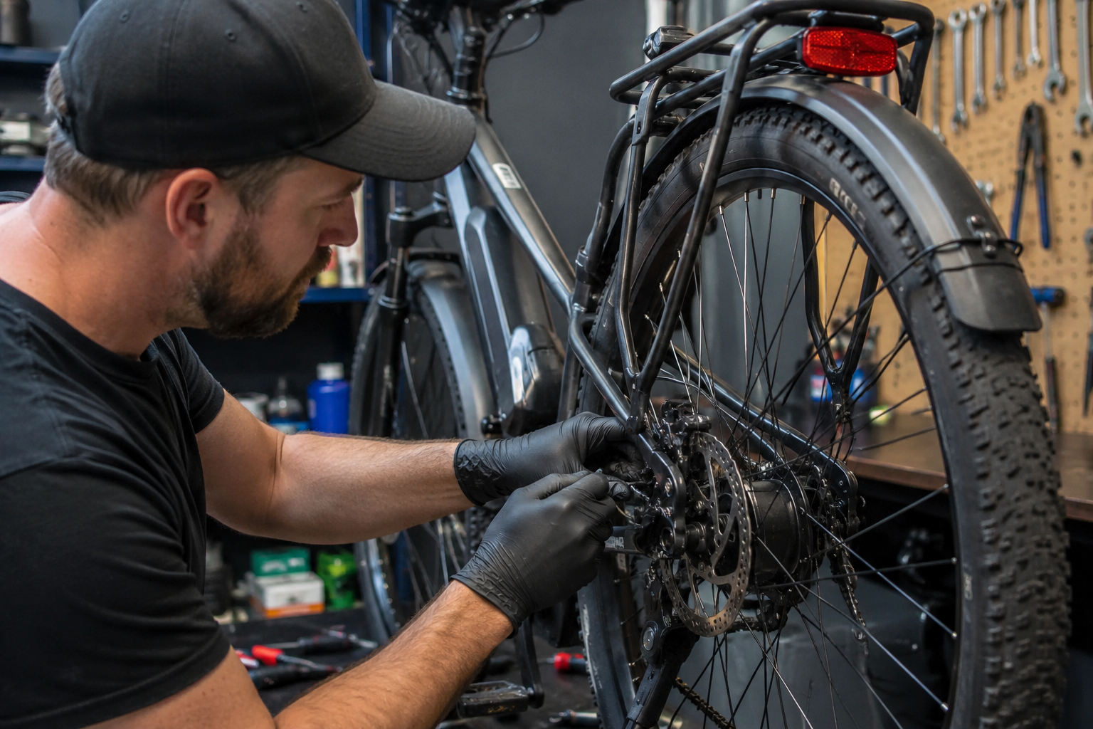 Person performing routine eBike maintenance by inspecting the rear disc brake and drivetrain in a home workshop.