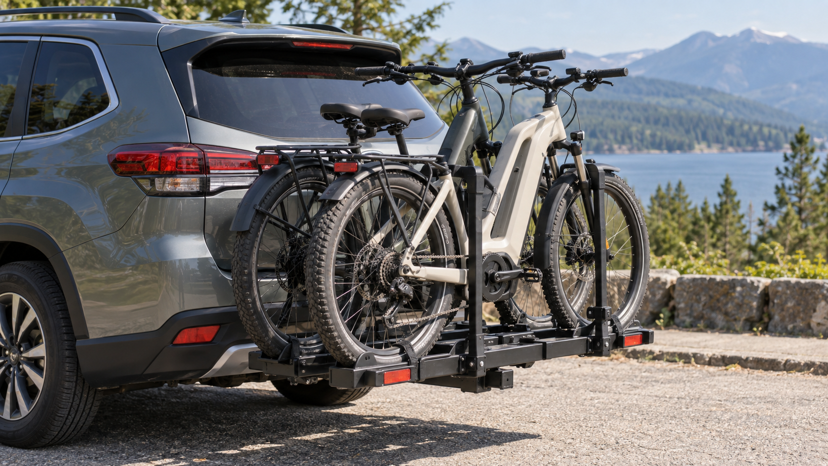 Two e-bikes secured on a hitch-mounted platform rack attached to the back of an SUV near a lakeside mountain overlook.