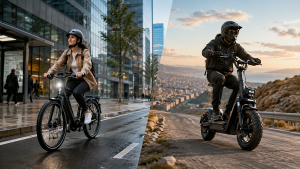 Urban commute meets coastal adventure. Split photo with a girl on an ebike on city streets and a man on a scooter in a rural setting.