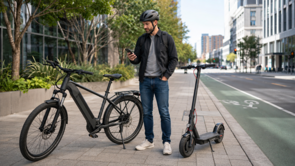 An image depicting a man, eBike and eScooter (Urban micromobility in a modern city )