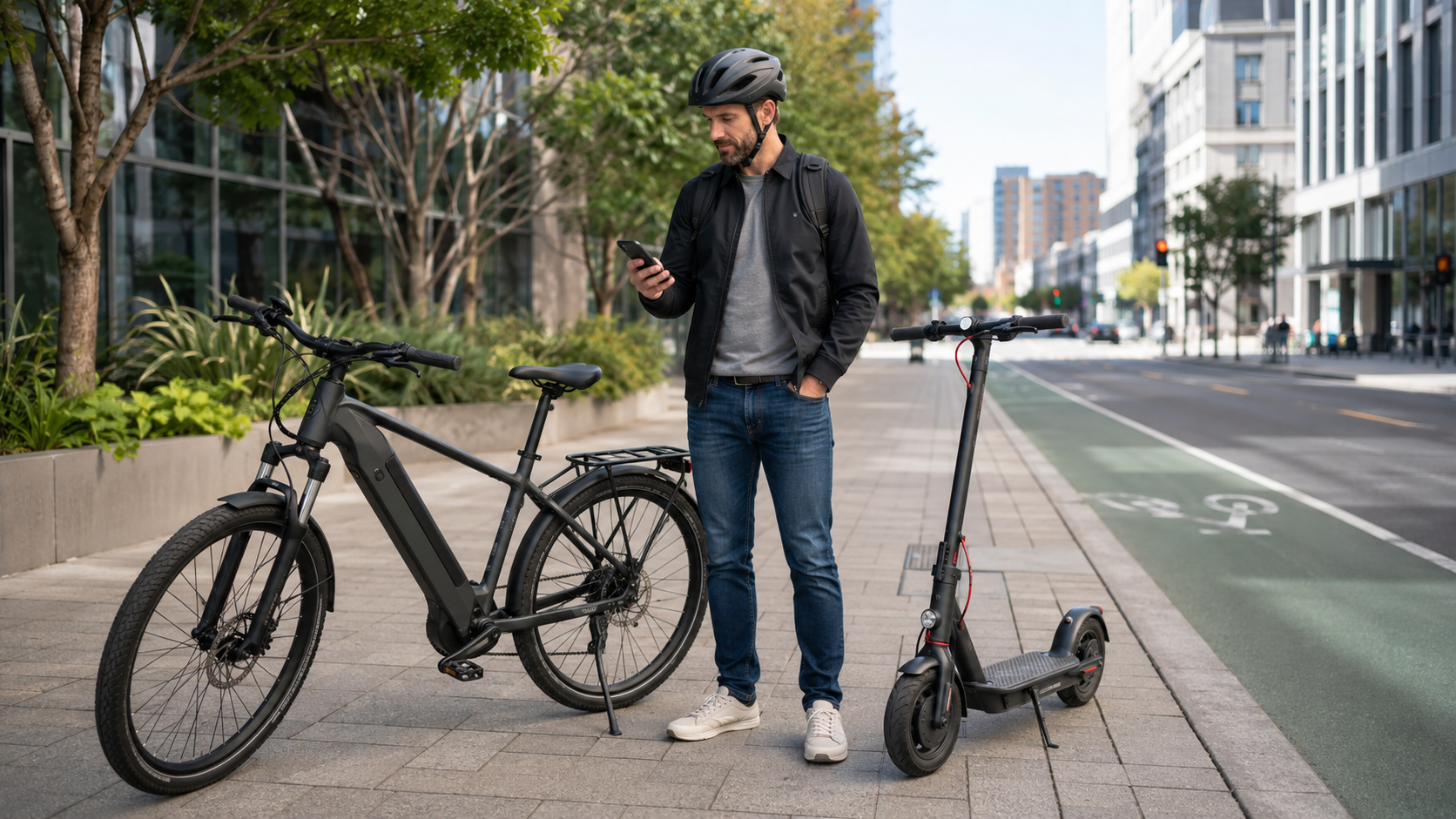 An image depicting a man, eBike and eScooter (Urban micromobility in a modern city )