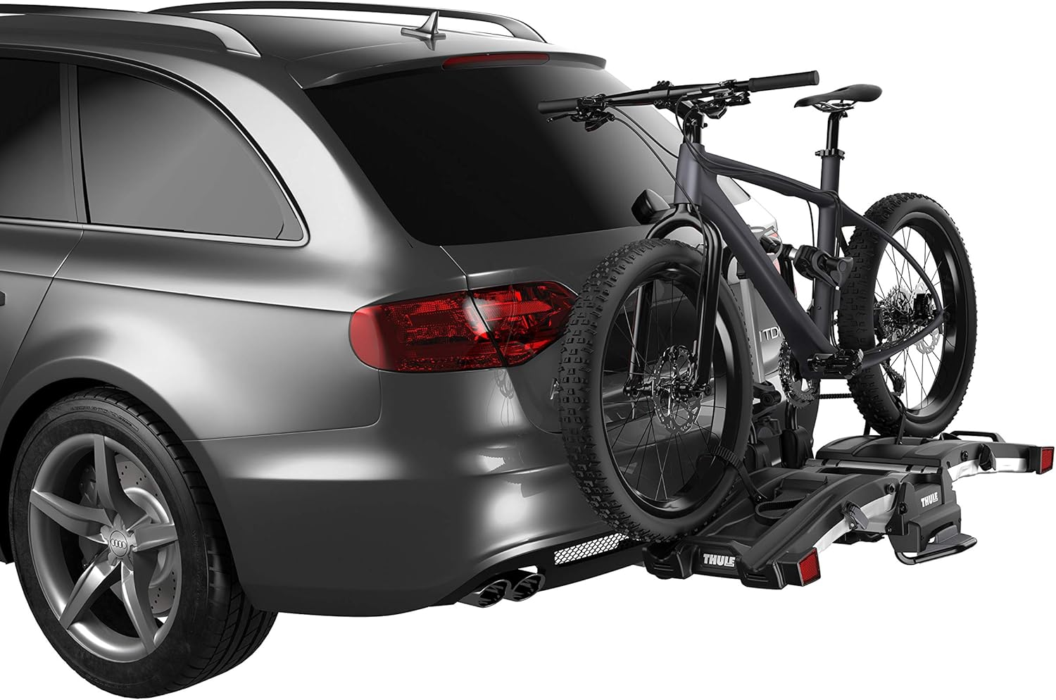 Image of the Thule EasyFold XT 2 Hitch Bike Rack - E-Bike Compatible - Fits 2" and 1, 1/4" receivers - Tool-Free Installation - Fully Foldable - Easy Trunk..