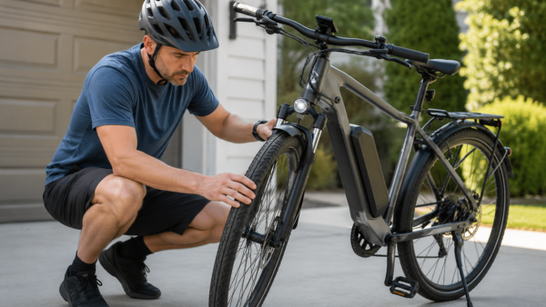 Man inspects e-bike in driveway
