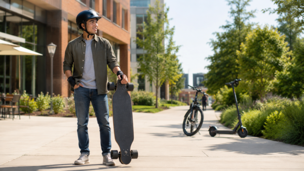 Beginner electric skateboard rider wearing a helmet and wrist guards stands on a smooth urban path holding an electric longboard, with an eBike and eScooter in the background.