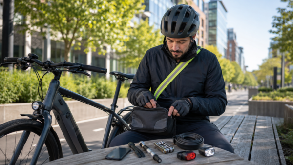 E-bike commuter stopped safely beside an urban route with a compact roadside safety kit arranged next to the bike
