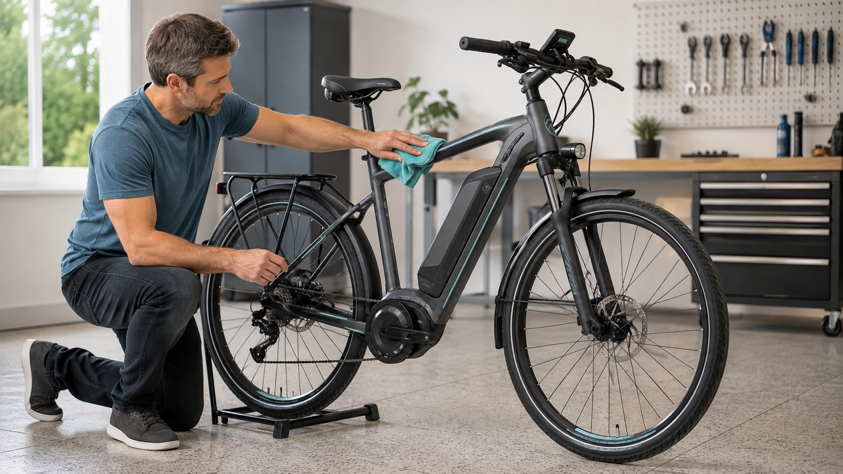 How to clean an eBike safely: person wiping the frame with a damp cloth while keeping water away from the battery and display