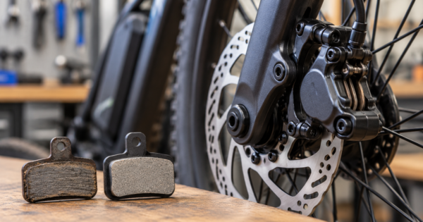 Close view of an eBike disc brake caliper and rotor with worn and new brake pads displayed side by side on a workbench.
