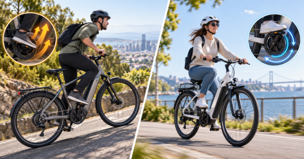 Two eBike riders comparing torque and cadence sensor riding feel, with close-up graphics showing pedal assistance response.