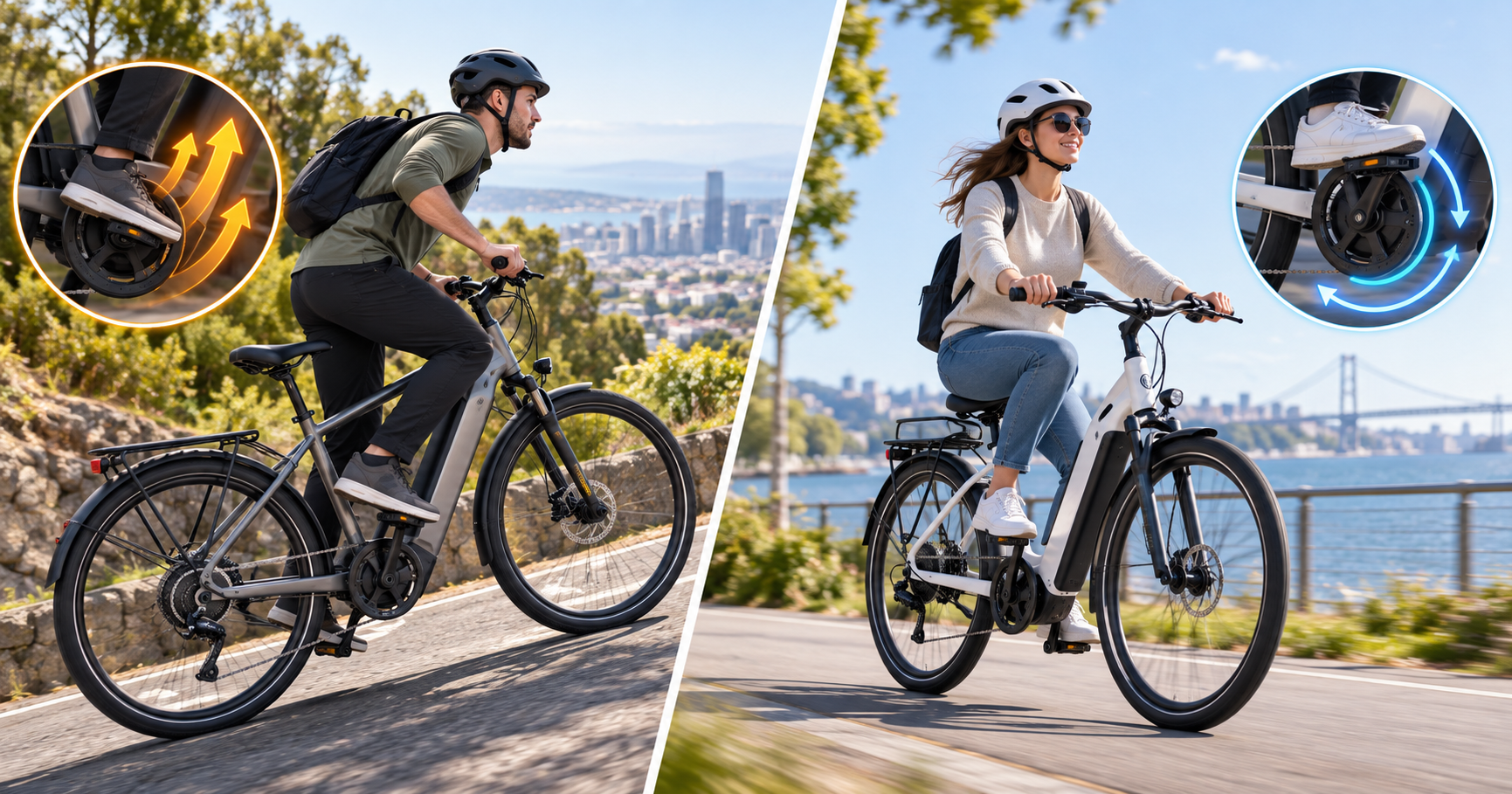 Two eBike riders comparing torque and cadence sensor riding feel, with close-up graphics showing pedal assistance response.