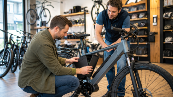 Shopper checking an eBike battery and documentation before buying a commuter eBike