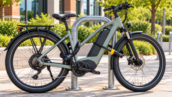 E-bike secured to a public bicycle rack with two independent locks