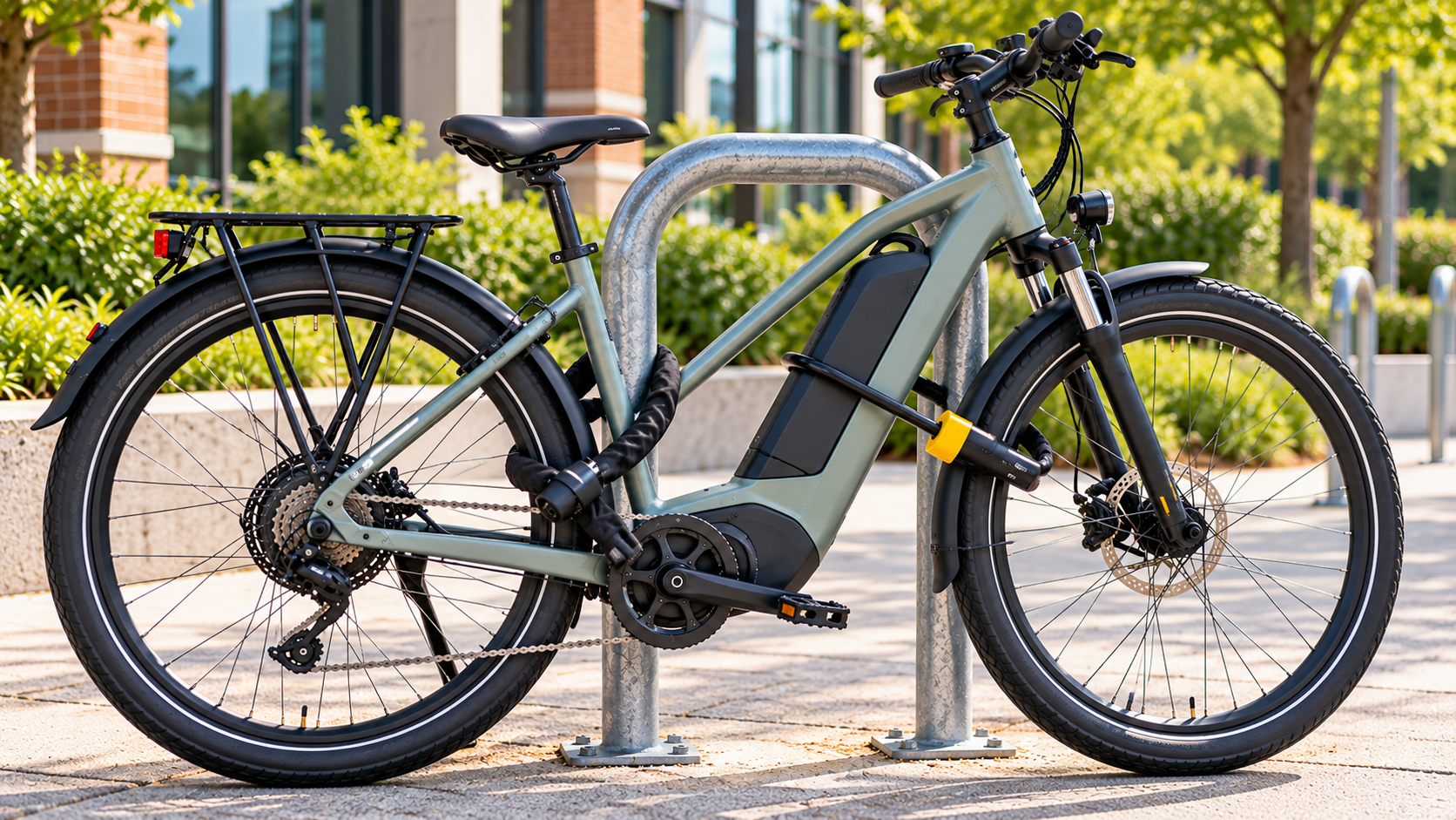 E-bike secured to a public bicycle rack with two independent locks