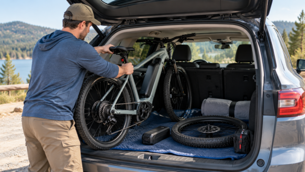 Man loading a full-size eBike into the cargo area of an SUV with the front wheel and battery removed for safer transport.