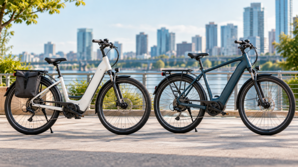 Two commuter eBikes parked side by side, showing a white step-through frame with a rear pannier and a teal step-over frame with a higher top tube.