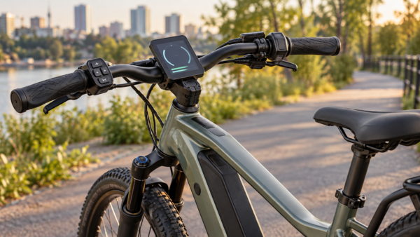 Modern e-bike cockpit with handlebar controls, digital display, and integrated frame on a paved riverside path.